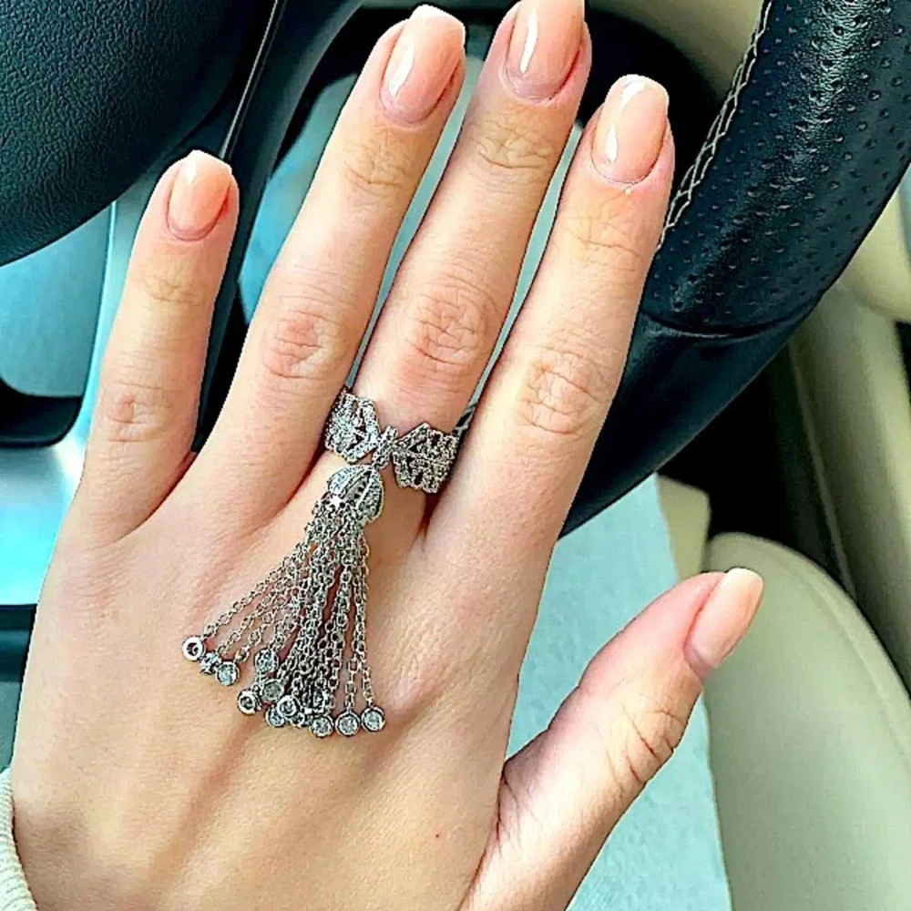 NEW WHITE GOLD PLATED CROWN TASSEL ADJUSTABLE RESIZABLE STATEMENT RING